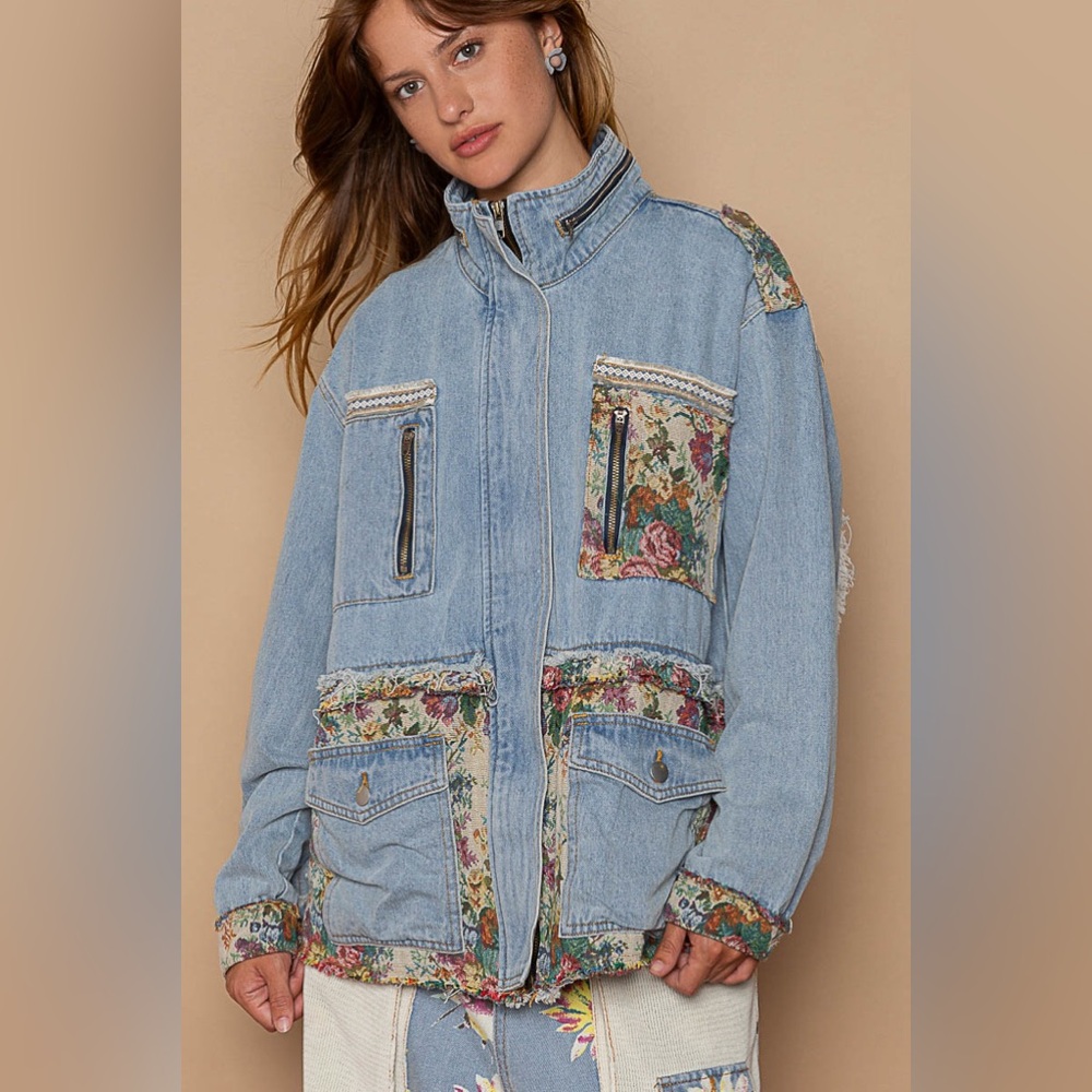POL blue denim patch mixed fabric Applique coat jacket - Picture 4 of 7